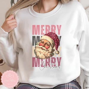 Vintage Merry Christmas Sublimation Design with Leopard Santa Hat PNG for T-Shirts, Retro  Girly Christmas PNG, Instant Digital Download