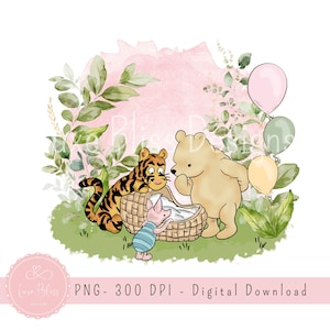 May include: Watercolor illustration featuring Winnie the Pooh, Tigger, and Piglet gathered around a woven basket. The scene is set against a pink watercolor wash and green foliage, with pastel balloons. The image includes the text "Bliss Designs".