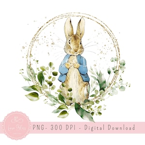 Peter Rabbit PNG, Peter Rabbit Greenery Wreath Design, Sublimation Design, Card, Tag, Digital Download, Printable, Gold Wreath