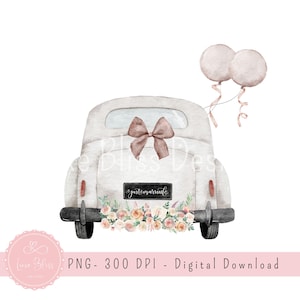 Just Married PNG, Just Married Car prints, Mr & Mrs aquarel clipart, bruiloft sublimatie ontwerpen, gefeliciteerd kaartontwerp,