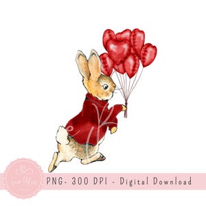 Red Peter Rabbit PNG, Palloncino a forma di cuore rosso PNG, 1° San Valentino PNG, Design per biglietti di sublimazione, Coniglietto alla moda, Download digitale istantaneo
