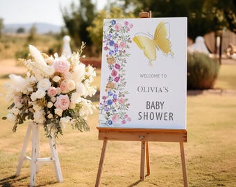 Butterfly Baby Shower Welcome Sign, Girl Butterflies Baby Shower Welcome Poster, Gold Butterfly Spring Baby Shower Sign, Digital Download