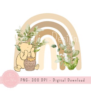 PNG vintage Winnie the Pooh, sublimazione di compleanno per baby shower arcobaleno neutro, clipart di bambini carini, design di biglietti per decorazioni per torte, download digitale