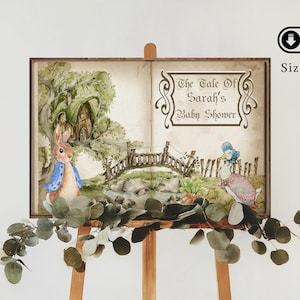 May include: A printable baby shower sign featuring a vintage book illustration of Peter Rabbit and a bluebird. The sign reads "The Tale of Sarah's Baby Shower".