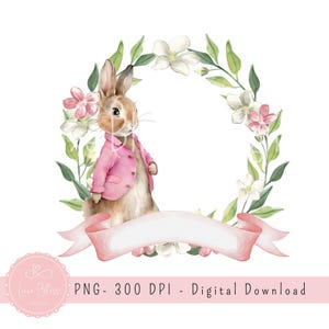 Rosa Peter Kaninchen PNG, klassisches Kaninchen Kranz Design, Geburtstag Baby Dusche Clipart, druckbare Kinderzimmer, Blumenkranz, digitaler Download