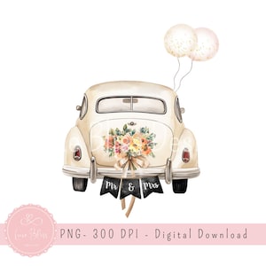 PNG "Just Married", stampe auto "Just Married", clipart acquerello Mr & Mrs, design per sublimazione matrimonio, design biglietti di congratulazioni, regalo in denaro
