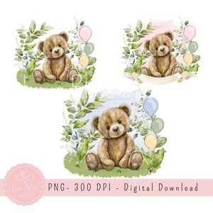 Bundle PNG sublimation mignon ours en peluche, aquarelle verdure ours ballon Clipart pour baby shower, chemises enfants & décoration de fête, sublimation PNG