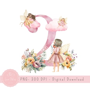 Fairy Garden 2nd Birthday Girl PNG, Número Rosa Dois, download digital, png transparente, design de camiseta de sublimação, decoração de festa em aquarela
