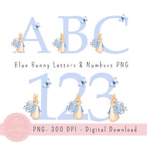 Alphabet floral bleu Pierre lapin PNG, aquarelle lettres et chiffres PNG, lettres monogramme lapin bleu, initiales de nom de bébé mignon PNG, téléchargement