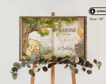 Letrero de bienvenida personalizado de Winnie The Pooh: libro abierto de Hundred Acre Wood, decoración de cuento de hadas para el primer cumpleaños, puerta de entrada: descarga digital