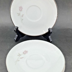Könnte beinhalten: Weiße Porzellanuntertasse mit zartem rosa Rosenmuster und silbernem Rand. Die Untertasse hat eine zentrale Vertiefung für eine Teetasse. Ein Stapel Untertassen ist sichtbar, der das florale Muster zeigt.