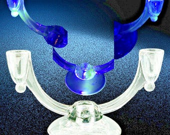 Viking Glass Cornucopia Crystal Double Candle Holder  Blacklight Tested UV Reactive Mid Century Decor