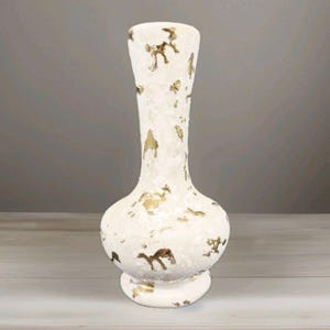 May include: A white vase with a textured surface and gold accents. The vase has a bulbous base, a slender neck, and a flared opening. The gold accents are irregularly shaped and scattered across the surface. The vase is approximately 30 cm tall.