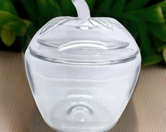 Vintage Anchor Hocking Clear Glass Apple Jar with Stem Lid || Cookie Jar || Candy Container