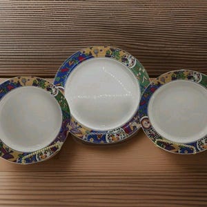Majesticware Cuisine Sue Zipkin Plates Set  Dinner Plate & Salad Plates Set of 3 - 1994 Colorful Stoneware Kitchen Art