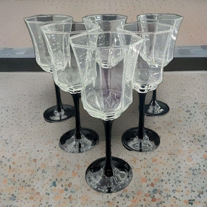 Set of 6 Luminarc Octime Black Stem Wine Glasses | 10 oz | Arcoroc | France | Octagonal Clear Goblets | 8.25&quot; Tall | Vintage Barware