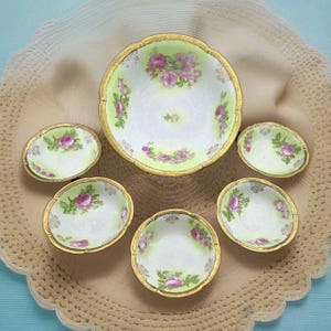 Antique Nippon Berry Bowl and Serving Bowl Set | Hand Painted Pink Roses & Gold Trim | 6 Pieces