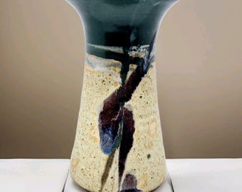 Vintage Bowen Pottery Vase: Speckled Beige Stoneware with Blue-Green Glaze