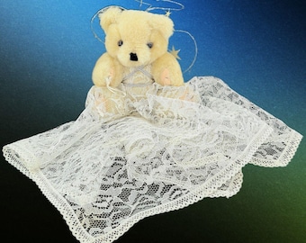 Osito de peluche ángel vintage con falda de encaje y halo de estrella - Hecho a mano - Limpio