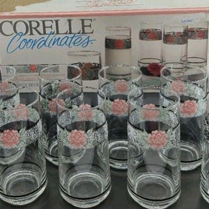 10 verres isothermes Corelle Coordinates Silk and Roses, 16 oz avec boîte, vintage 1994