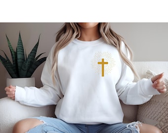 Gold Cross Graphic Sweatshirt, Unisex Christian Sweater