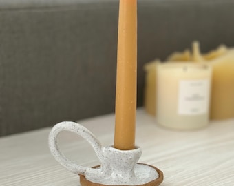 Handmade Ceramic Taper Candle Holder | Speckled White Stoneware