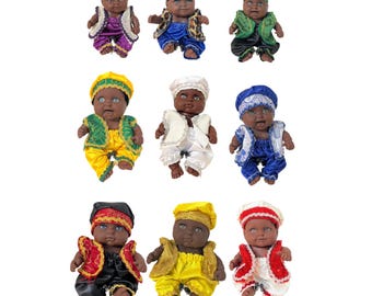 6-inch Ibeji dolls, male, dressed in bright colors, a symbol of unity and prosperity. Ibeji twin dolls.