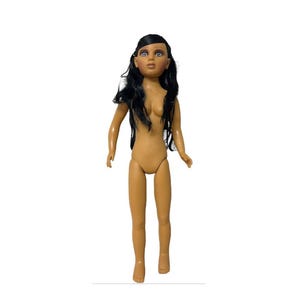May include: A tan-skinned doll with black hair and blue eyes. The doll is standing upright with arms at its sides. The doll's hair is long and wavy, and it has a neutral expression. The doll is nude.