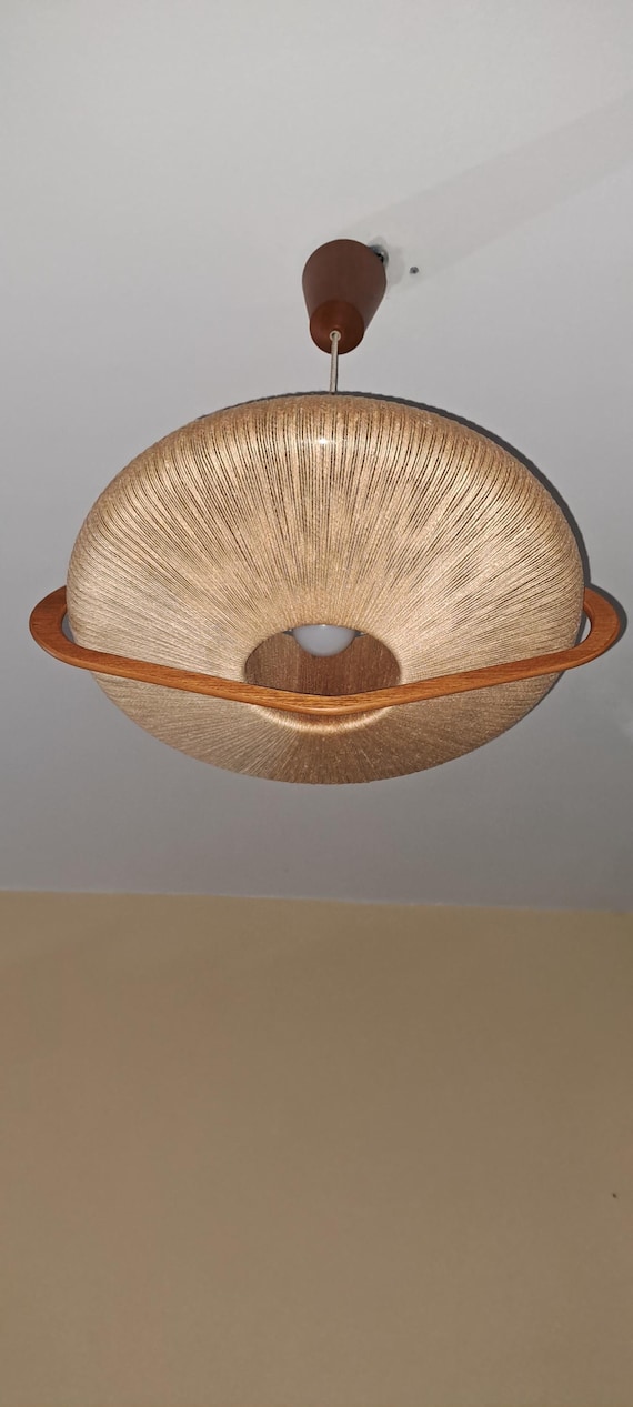 Mid Century Temde Pendant Lamp in Teak and Sisal 1960s