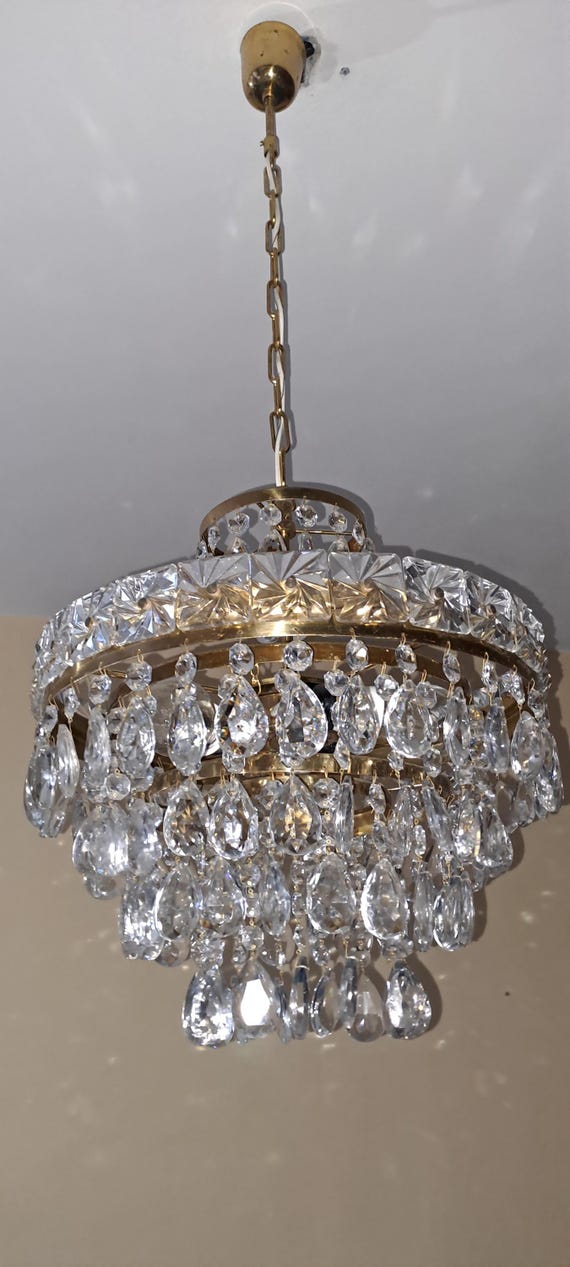 Beautifull Vintage brass and crystal chandelierJablonecke sklarny Czechoslovakia