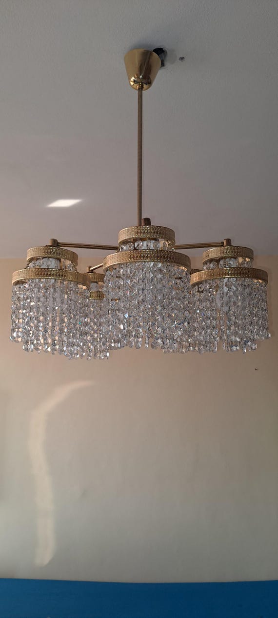 Beautifull Vintage brass and crystal chandelierCzechoslovakia