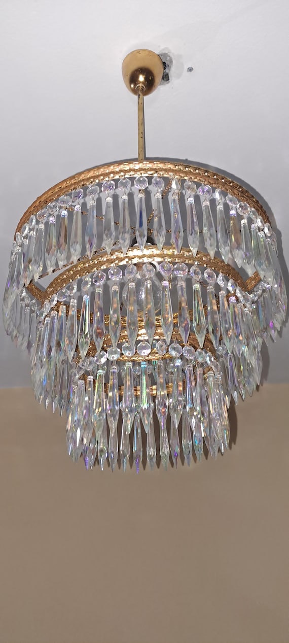 Beautifull Vintage brass and iridescent crystal chandelier Železnobrodske sklo Czechoslovakia