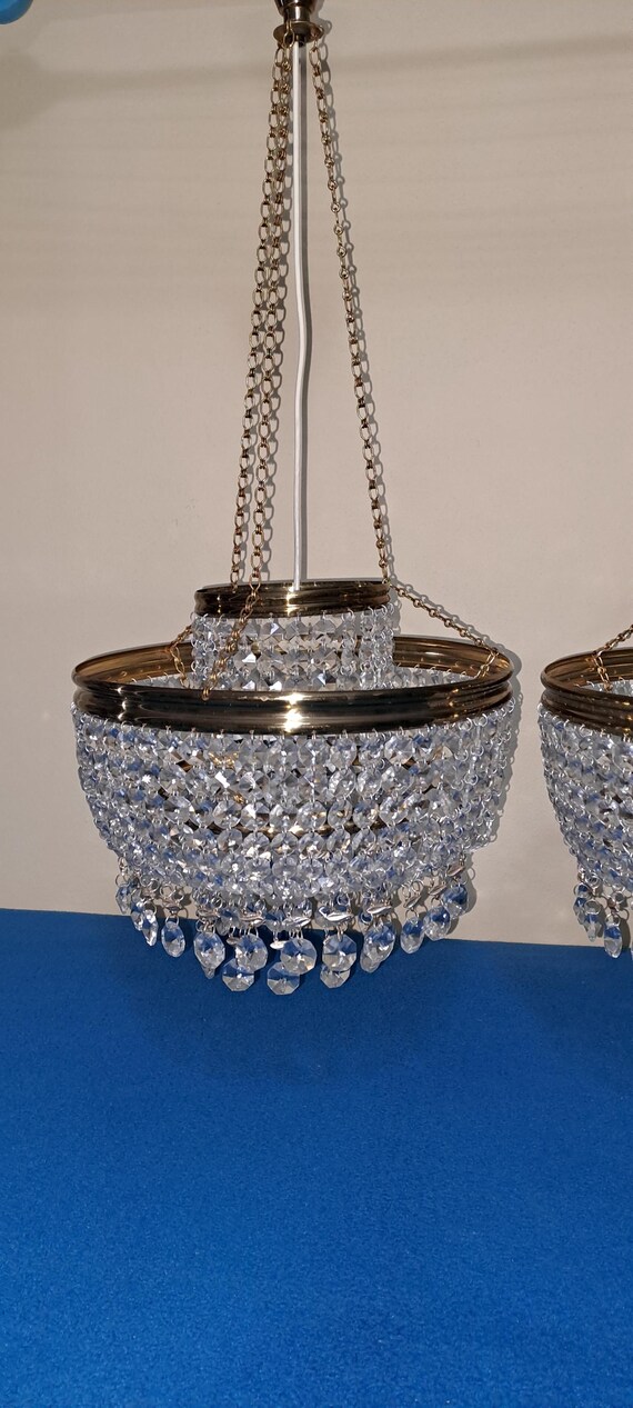 Beautifull Vintage brass and crystal chandelier Czechoslovakia Set of 2