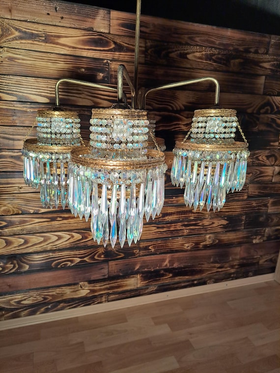 Beautifull Vintage brass and iridescent crystal chandelier Zeleznobrodske sklo Czechoslovakia 1950s