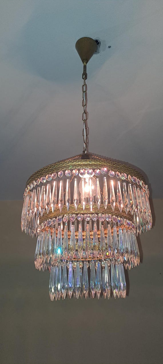 Beautifull Vintage brass and iridescent crystal chandelier Czechoslovakia