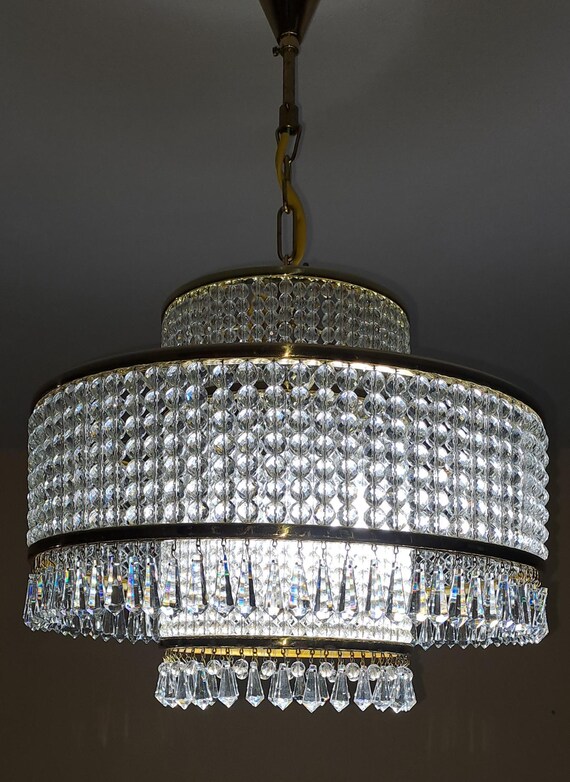 Beautifull Vintage brass and crystal chandelier Czechoslovakia 1960s