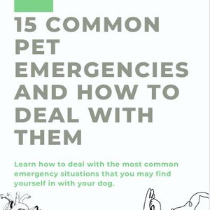May include: A black and white illustration of a dog with a heart graphic. The text reads "15 Common Pet Emergencies and How to Deal With Them". Learn how to deal with the most common emergency situations that you may find yourself in with your dog.