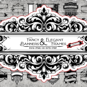 Banner e cornici eleganti e fantasiosi, design grafico vettoriale in formato SVG, PNG, PDF, EPS, AI, file laser, clip art, etichette, set, tag, arte murale