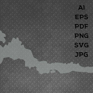 Op de afbeelding: Een grijze omtrek van een lang, smal eiland op een donkergrijze, getextureerde achtergrond. De tekst "AI, EPS, PDF, PNG, SVG, JPG" staat verticaal aan de rechterkant van de afbeelding.