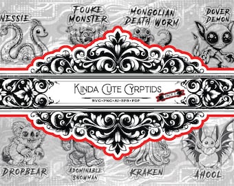 Kinda Cute Cryptids - Charming Digital Clipart Collection Pack 2 - Ai, Svg, Pdf, Eps, Jpg, Png. Design file only, digital download
