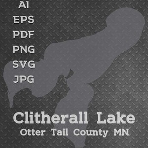 Może przedstawiać: Szary zarys jeziora Clitherall w hrabstwie Otter Tail, Minnesota, na czarnym tle z wzorem diamentowym.