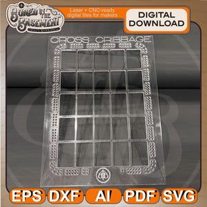 Pode incluir: Tabuleiro de Cribbage Cross em acrílico transparente com uma grade de orifícios retangulares. O tabuleiro tem o texto "CROSS CRIBBAGE" e "DOWNLOAD DIGITAL". A imagem também inclui ícones de tipo de arquivo: EPS, DXF, AI, PDF e SVG.