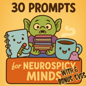 Puede incluir: Ilustración de dibujos animados con un personaje verde, libros, una taza azul con vapor y un cuaderno. El texto dice: "30 PROMPTS for NEUROSPICY MINDS with 6 BONUS SVGs".