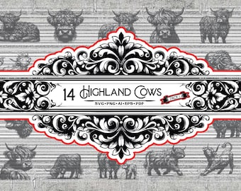 Highland Cow Clipart: Black and White Vector Graphics (SVG, PNG, PDF)