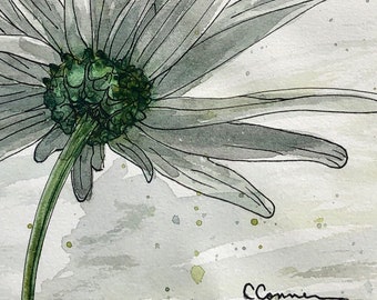 Daisy Original Watercolor Painting, White Daisy, Flower, Pen and Ink, Wall Art, Home Decor,  Floral, Boho, Wedding Gift, Drawing