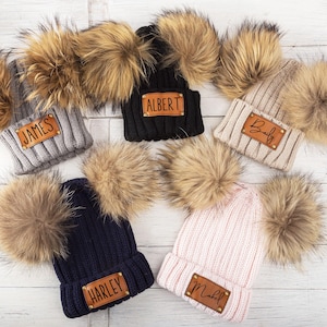 Personalized Double Pom Pom Beanie Engraved Faux Fur Pom Beanie Custom Toddler Pom Hat Infant Toddler Kids Youth Child Baby Newborn Beanie