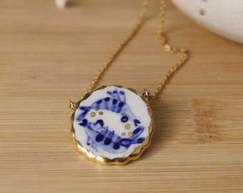 Handmade Ceramic Fish Pendant Necklace: Cobalt Blue & Gold Luster