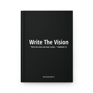 Puede incluir: Un diario negro con el texto blanco "Write The Vision" y una cita de Habacuc 2:2. El nombre de la empresa "Best Novelty Gifts LLC" también aparece en la portada.