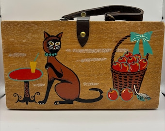 1960s Vintage By SIMON Siamese Cat Apples Purse Hand Painted Wood Handbag Leather RARE