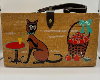 Vintage By SIMON Siamese Cat Apples Purse Hand Painted Wood Handbag Leather RARE